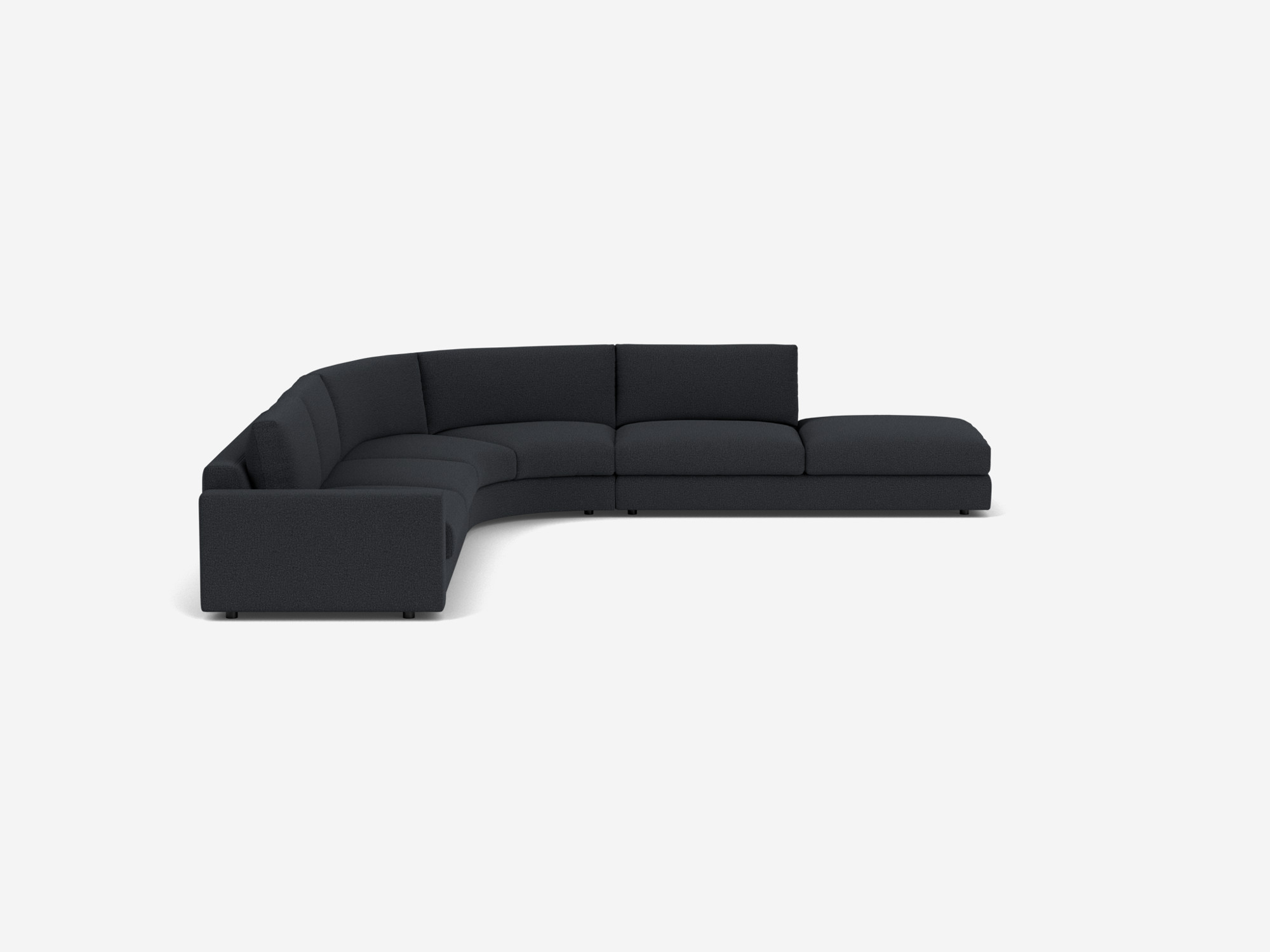 Right hand facing black curved sectional sofa side view